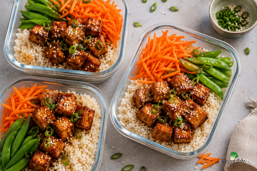 teriyaki baked tofu rice bowl meal prep containers"