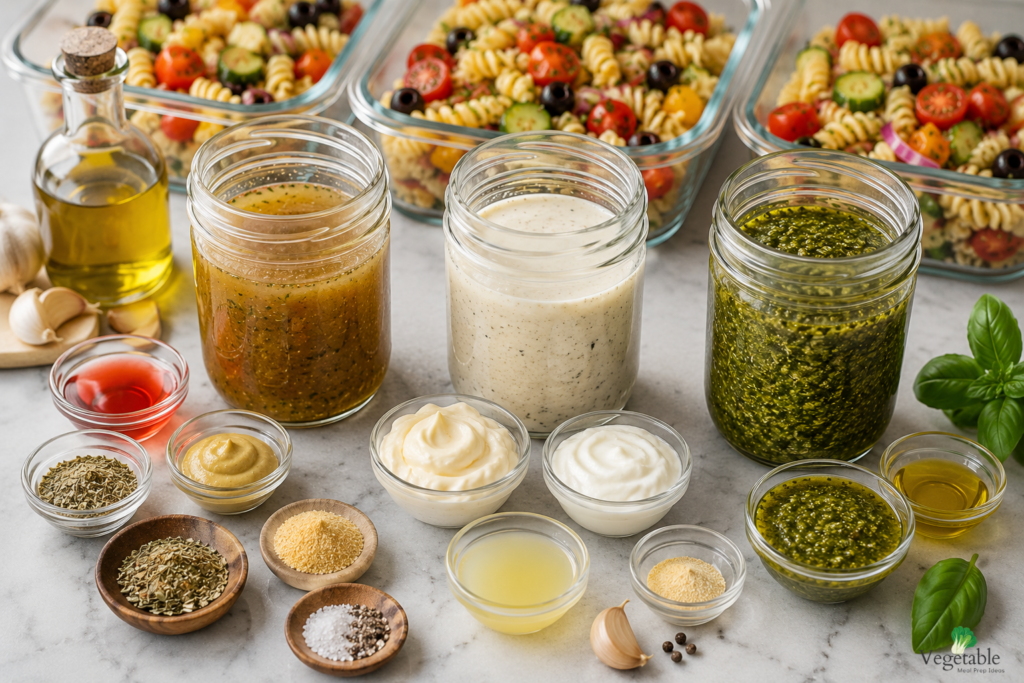 Three dressings for pasta salad meal prep . vinaigrette,
creamy, and pesto"
