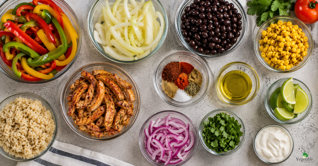Overhead shot of fajita bowl meal prep ingredients before assembly