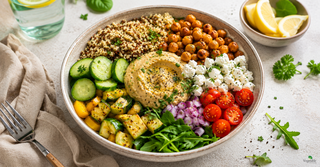 High-protein veggie power bowl with quinoa, chickpeas, and feta for summer meal prep."