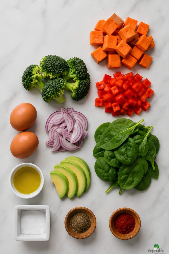  "Veggie breakfast bowl with roasted vegetables, eggs, and avocado"