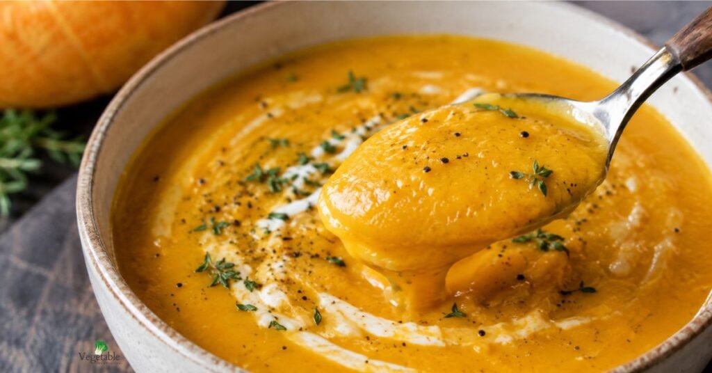 Spoon lifting a creamy scoop of butternut squash soup with coconut milk