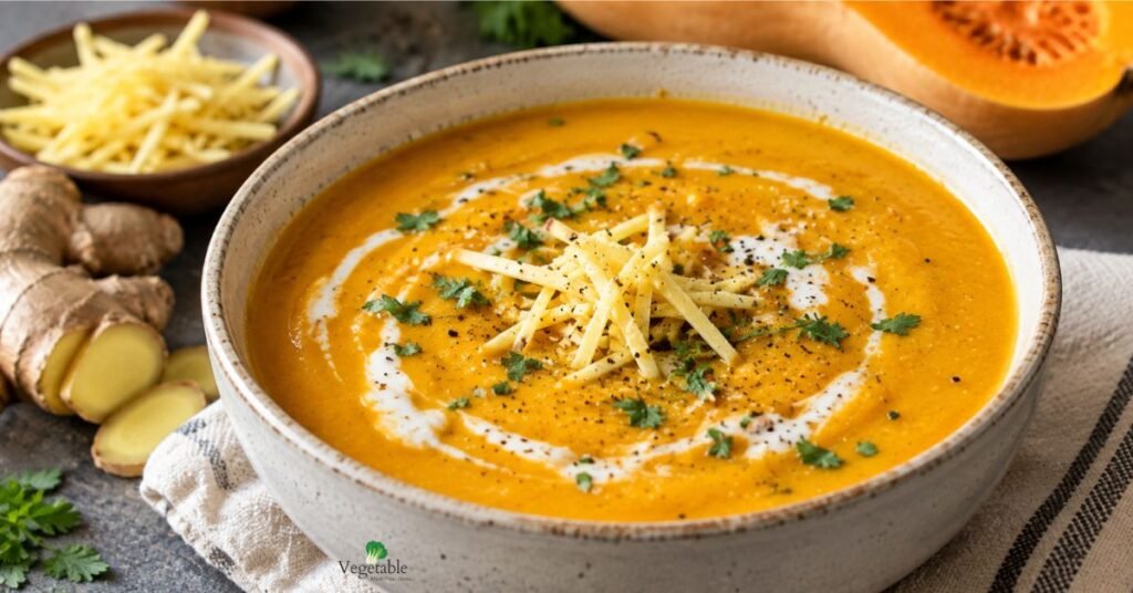 Butternut squash soup with coconut milk and ginger topped with fresh ginger