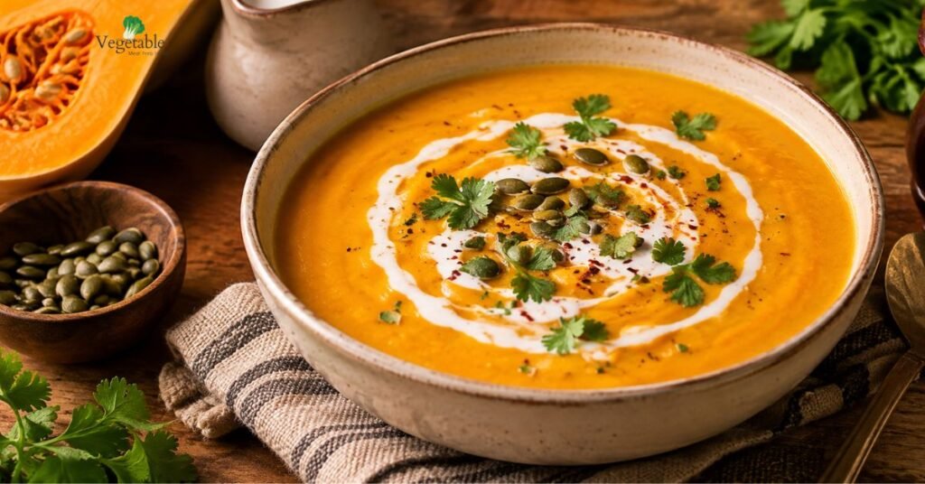 Curried butternut squash soup with coconut milk in a bowl