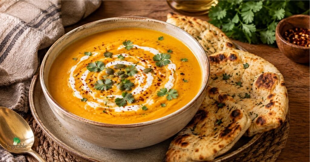Curried butternut squash soup with coconut milk served with naan
